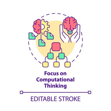 Bilgisayarsal düşünme konsepti ikonuna odaklan. İstihbarat. Soyut fikri kodlamak ince çizgi çizimi. İzole bir taslak çizim. Düzenlenebilir felç. Kullanılan Roboto-Orta, Myriad Pro-Kalın yazı tipleri