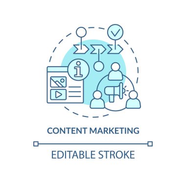 İçerik pazarlama turkuaz konsept simgesi. Ticari fikirler için reklam planı ince çizgi çizimi. İzole bir taslak çizim. Düzenlenebilir felç. Kullanılan Roboto-Orta, Myriad Pro-Kalın yazı tipleri