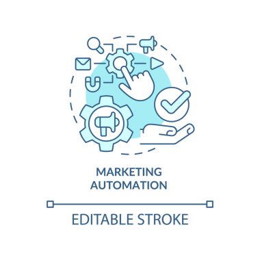 Pazarlama otomasyonu turkuaz konsept simgesi. Reklamların optimizasyonu soyut fikir ince çizgi çizimi. İzole bir taslak çizim. Düzenlenebilir felç. Kullanılan Roboto-Orta, Myriad Pro-Kalın yazı tipleri
