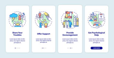 Mobil uygulama ekranındaki destek grubunda ne yapılacağı. Sorunları paylaşıp 4 aşamalı grafiksel talimat sayfalarını doğrusal kavramlarla paylaşın. UI, UX, GUI şablonu. Kullanılan sayısız Pro-Kalın, Düzenli yazı tipleri