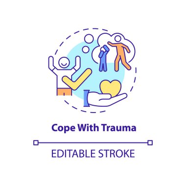 Travma konsepti ikonu olan Cope. Zihinsel sağlık sorunlarına soyut fikirlere ince çizgi çizimlerine yardım etmek. Travma sonrası stres bozukluğu tedavisi. İzole bir taslak çizim. Düzenlenebilir felç. Kullanılan Roboto-Orta, Myriad Pro-Kalın yazı tipleri