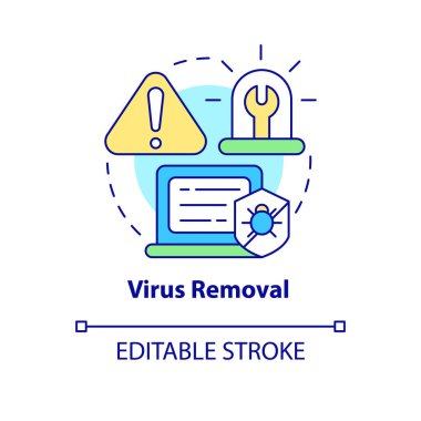 Virüs temizleme konsepti simgesi. Kötü niyetli yazılımı sil. Onarım tipi soyut fikir ince çizgi çizimi. İzole bir taslak çizim. Düzenlenebilir felç. Kullanılan Roboto-Orta, Myriad Pro-Kalın yazı tipleri
