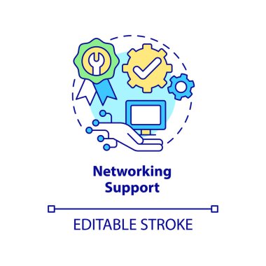 Ağ destek konsepti simgesi. Cihaz iletişimi. Onarım tipi soyut fikir ince çizgi çizimi. İzole bir taslak çizim. Düzenlenebilir felç. Kullanılan Roboto-Orta, Myriad Pro-Kalın yazı tipleri