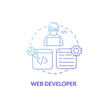 Web geliştiricisi mavi gradyan konsept simgesi. Web sitesi programcısı kariyeri. Soyut fikri kodlamak ince çizgi çizimi. İzole bir taslak çizim. Kullanılan Roboto-Orta, Myriad Pro-Kalın yazı tipleri