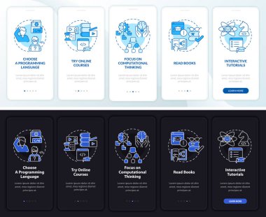 Mobil uygulama ekranında gece gündüz kod yazmayı nasıl öğreneceğini. İş gezintisi 5 adım grafik talimatlar sayfaları doğrusal kavramlar. UI, UX, GUI şablonu. Kullanılan sayısız Pro-Kalın, Düzenli yazı tipleri