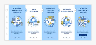 Jobs kodlayıcıları mavi ve beyaz şablonları alabilirler. Geliştirici. Doğrusal konsept simgeleriyle cevap veren mobil web sitesi. Web sayfasında 5 basamaklı ekranlar. Kullanılan Lato Kalın, Düzenli yazı tipleri