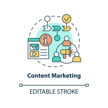 İçerik pazarlama konsepti ikonu. Ticari fikirler için reklam stratejisi. İnce çizgi çizimi. İzole bir taslak çizim. Düzenlenebilir felç. Kullanılan Roboto-Orta, Myriad Pro-Kalın yazı tipleri