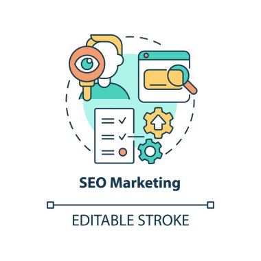 SEO pazarlama konsepti ikonu. Arama motorları için içerik optimize ediliyor soyut fikir ince çizgi çizimi. İzole bir taslak çizim. Düzenlenebilir felç. Kullanılan Roboto-Orta, Myriad Pro-Kalın yazı tipleri