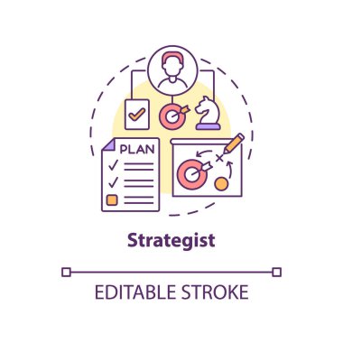 Strateji uzmanı konsept simgesi. Dijital pazarlama alanı fikri soyut ince çizgi çizimi. İzole bir taslak çizim. Düzenlenebilir felç. Kullanılan Roboto-Orta, Myriad Pro-Kalın yazı tipleri