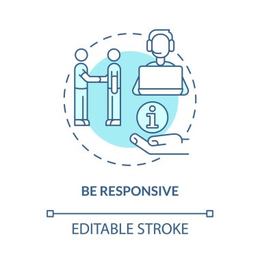 Tepkili turkuaz konsept ikonu olun. Müşteri sorununu çöz. Müşteri hizmetleri soyut fikir ince çizgi çizimi. İzole bir taslak çizim. Düzenlenebilir felç. Kullanılan Roboto-Orta, Myriad Pro-Kalın yazı tipleri