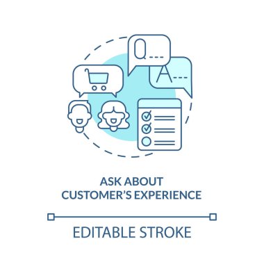 Müşterilere turkuaz konsept ikonu deneyimini sorun. Müşteri hizmeti soyut fikir ince çizgi çizimi. İzole bir taslak çizim. Düzenlenebilir felç. Kullanılan Roboto-Orta, Myriad Pro-Kalın yazı tipleri