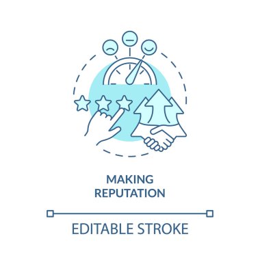 İtibar turkuvaz konsept simgesi yapmak. Müşteri hizmetleri soyut fikirlerin ince çizgilerinden faydalanır. İzole bir taslak çizim. Düzenlenebilir felç. Kullanılan Roboto-Orta, Myriad Pro-Kalın yazı tipleri