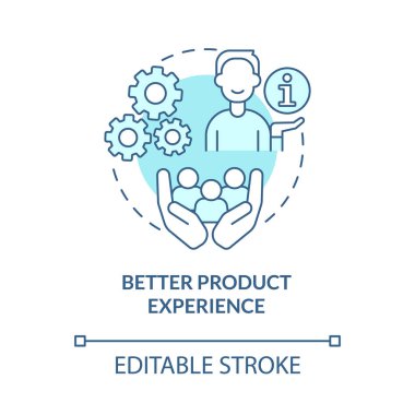 Daha iyi ürün deneyimi turkuaz konsept ikonu. Müşteri hizmetleri soyut fikirlerin ince çizgilerinden faydalanır. İzole bir taslak çizim. Düzenlenebilir felç. Kullanılan Roboto-Orta, Myriad Pro-Kalın yazı tipleri
