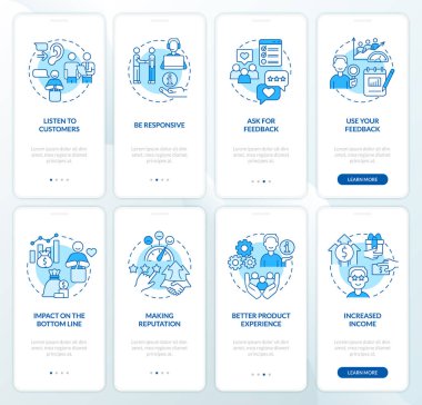 İyi müşteri desteği mobil uygulama ekran seti. Çizgisel kavramlarla dolu 5 aşamalı grafik talimatları. UI, UX, GUI şablonu. Kullanılan sayısız Pro-Kalın, Düzenli yazı tipleri