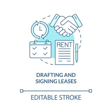 Konsept ikonu hazırlamak ve imzalamak. Kiracı ve ev sahibi ince çizgili çizgiler üzerinde anlaşırlar. İzole bir taslak çizim. Düzenlenebilir felç. Kullanılan Roboto-Orta, Myriad Pro-Kalın yazı tipleri