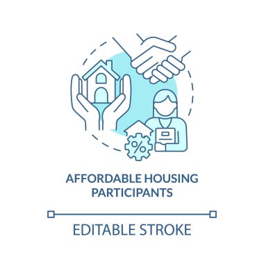 Uygun fiyatlı konut katılımcıları turkuaz konsept simgesi. Mülk yöneticisi işi soyut fikir ince çizgi çizimi. İzole bir taslak çizim. Düzenlenebilir felç. Kullanılan Roboto-Orta, Myriad Pro-Kalın yazı tipleri
