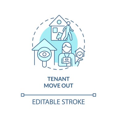 Kiracı turkuaz konsept simgesini taşıdı. Mülk yönetimi soyut fikir ince çizgi çizimi üzerinde çalışır. İzole bir taslak çizim. Düzenlenebilir felç. Kullanılan Roboto-Orta, Myriad Pro-Kalın yazı tipleri