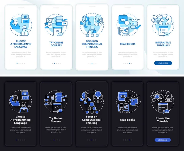 How Learn Code Night Day Mode Onboarding Mobile App Screen — Stock Vector