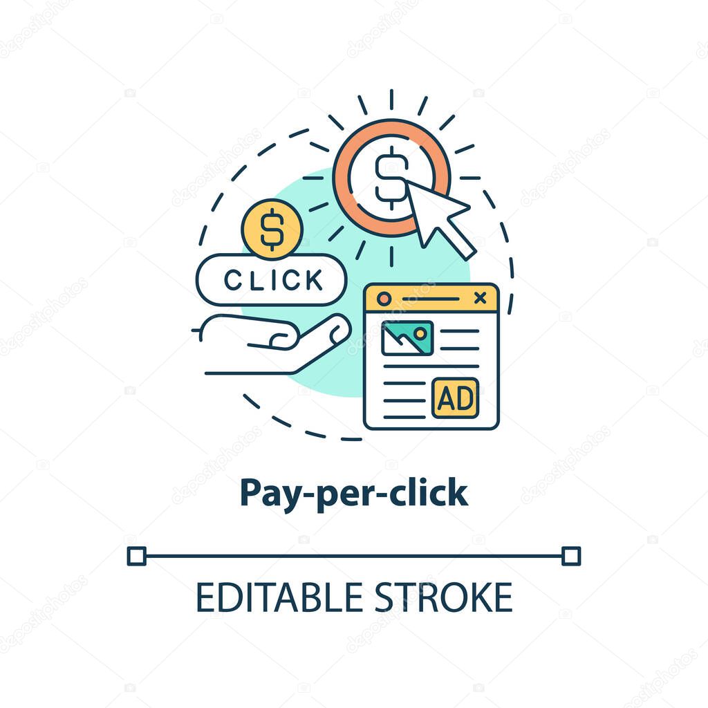 Pay per click concept icon. Digital marketing. Paid advertising tool abstract idea thin line illustration. Isolated outline drawing. Editable stroke. Roboto-Medium, Myriad Pro-Bold fonts used