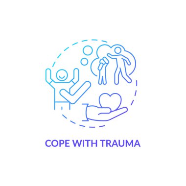 Travma mavisi gradyan konsept ikonu olan Cope. Grup müdahalesini destekle soyut fikir ince çizgi çizimi. Travma sonrası stres bozukluğu tedavisi. İzole bir taslak çizim. Kullanılan Roboto-Orta, Myriad Pro-Kalın yazı tipleri