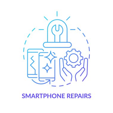 Akıllı telefon onarımı mavi gradyan konsept simgesi. Taşınabilir ve mobil cihaz. Hizmet tipi soyut fikir ince çizgi çizimi. İzole bir taslak çizim. Kullanılan Roboto-Orta, Myriad Pro-Kalın yazı tipleri