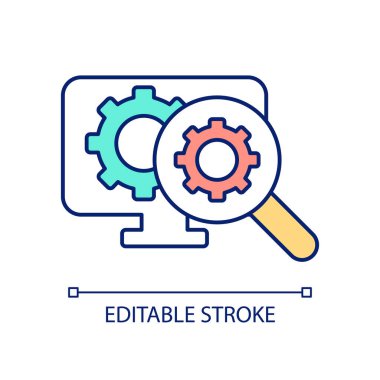 İş zekası analizi RGB renk simgesi. Veri işlemi. Programlama yazılımı. Sistem analizi. İzole vektör çizimi. Basit bir çizgi çizimi. Düzenlenebilir felç. Kullanılan Arial yazı tipi