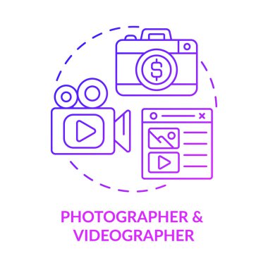 Fotoğrafçı ve videograf mor gradyan konsept simgesi. Dijital pazarlama uzmanları soyut fikir ince çizgiler çiziyor. İzole bir taslak çizim. Kullanılan Roboto-Orta, Myriad Pro-Kalın yazı tipleri