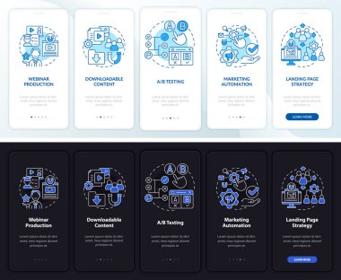 Mobil uygulama ekranında gece gündüz dijital pazarlama modu var. Reklamlar 5 aşamalı grafik talimatlar sayfaları doğrusal kavramlarla. UI, UX, GUI şablonu. Kullanılan sayısız Pro-Kalın, Düzenli yazı tipleri