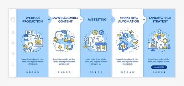 Dijital pazarlama stratejileri mavi ve beyaz şablon üzerinde. Çevrimiçi tanıtım. Doğrusal konsept simgeleriyle cevap veren mobil web sitesi. Web sayfasında 5 basamaklı ekranlar. Kullanılan Lato Kalın, Düzenli yazı tipleri