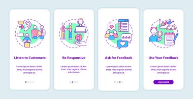 Müşteri hizmetleri mobil uygulama ekranında. Müşteri desteği, doğrusal kavramları olan dört adımlı grafik talimatları sayfalarını incelemeyi destekler. UI, UX, GUI şablonu. Kullanılan sayısız Pro-Kalın, Düzenli yazı tipleri