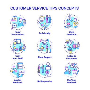Müşteri servisi ipuçları konsept simgeleri ayarlandı. Pazarlama ve ticaret fikri ince çizgi renkli çizimler. İzole ana hatlı çizimler. Düzenlenebilir felç. Kullanılan Roboto-Orta, Myriad Pro-Kalın yazı tipleri