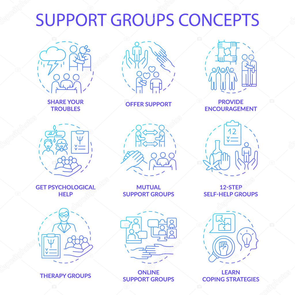 Support groups blue gradient concept icons set. Online therapy idea thin line color illustrations. Learn coping strategies. Isolated outline drawings. Roboto-Medium, Myriad Pro-Bold fonts used