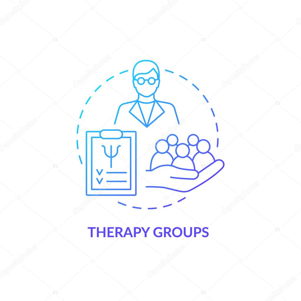 Therapy groups blue gradient concept icon. Developing socialization skills abstract idea thin line illustration. Psychotherapy. Isolated outline drawing. Roboto-Medium, Myriad Pro-Bold fonts used