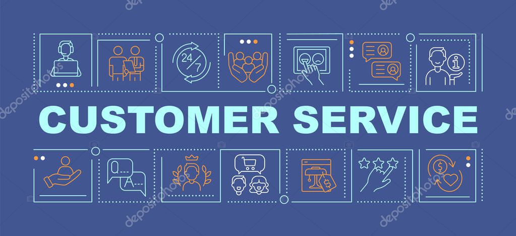 Customer service word concepts dark blue banner. Provide excellent aid. Infographics with linear icons on background. Isolated typography. Vector color illustration with text. Arial-Black font used