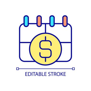 Düzenli ödeme RGB renk simgesi. Tekrarlanan faturalar. Otomatik ve abonelik ödemeleri. Program ve plan. İzole vektör çizimi. Basit bir çizgi çizimi. Düzenlenebilir felç. Kullanılan Arial yazı tipi