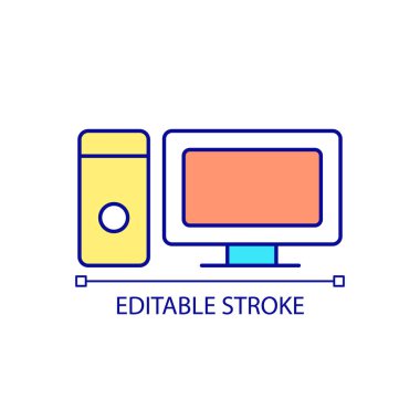 Kişisel bilgisayar RGB renk simgesi. Bireysel kullanım için aygıt. LCD görüntüleme ve ekran. Masaüstü bilgisayarı. İzole vektör çizimi. Basit bir çizgi çizimi. Düzenlenebilir felç. Kullanılan Arial yazı tipi