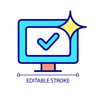 İyi çalışan bilgisayar RGB renk simgesi. Sorunsuz çalışan bir donanım ve yazılım. Bilgisayar güvenliği. İzole vektör çizimi. Basit bir çizgi çizimi. Düzenlenebilir felç. Kullanılan Arial yazı tipi