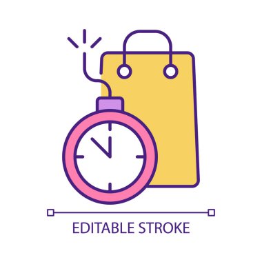 Kıtlık ve acil RGB renk simgesi. Alışveriş torbası ve saatli bomba. Terfi kampanyası. Dijital pazarlama. İzole vektör çizimi. Basit bir çizgi çizimi. Düzenlenebilir felç. Kullanılan Arial yazı tipi