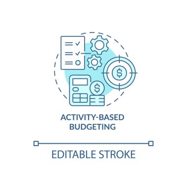 Activity-based budgeting turquoise concept icon. Company financial targets abstract idea thin line illustration. Isolated outline drawing. Editable stroke. Roboto-Medium, Myriad Pro-Bold fonts use