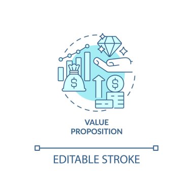 Value proposition turquoise concept icon. Company budgeting method abstract idea thin line illustration. Isolated outline drawing. Editable stroke. Roboto-Medium, Myriad Pro-Bold fonts use