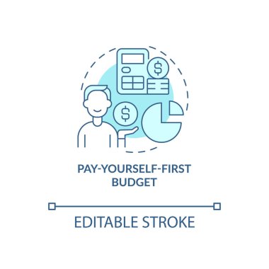 Pay-yourself-first budget turquoise concept icon. Reverse budgeting approach abstract idea thin line illustration. Isolated outline drawing. Editable stroke. Roboto-Medium, Myriad Pro-Bold fonts use