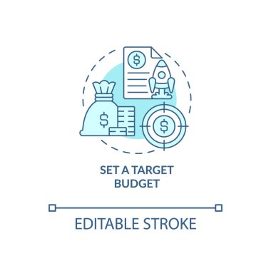 Set target budget turquoise concept icon. Startup budgeting abstract idea thin line illustration. Isolated outline drawing. Editable stroke. Roboto-Medium, Myriad Pro-Bold fonts use
