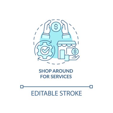 Shop around for services turquoise concept icon. Small business budgeting abstract idea thin line illustration. Isolated outline drawing. Editable stroke. Roboto-Medium, Myriad Pro-Bold fonts use
