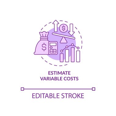 Estimate variable costs purple concept icon. Startup budgeting abstract idea thin line illustration. Isolated outline drawing. Editable stroke. Roboto-Medium, Myriad Pro-Bold fonts use