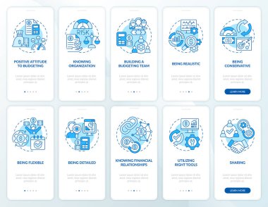 Financial business plan blue onboarding mobile app screen set. Walkthrough 5 steps graphic instructions pages with linear concepts. UI, UX, GUI template. Myriad Pro-Bold, Regular fonts used
