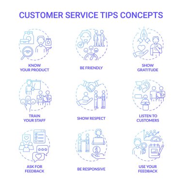 Customer service tips blue gradient concept icons set. Marketing and commerce idea thin line color illustrations. Isolated outline drawings. Roboto-Medium, Myriad Pro-Bold fonts used