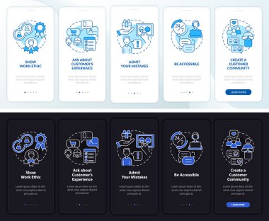 Customer service tips night and day mode onboarding mobile app screen. Walkthrough 5 steps graphic instructions pages with linear concepts. UI, UX, GUI template. Myriad Pro-Bold, Regular fonts used