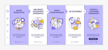 Customer service tips purple and white onboarding template. Good client support. Responsive mobile website with linear concept icons. Web page walkthrough 5 step screens. Lato-Bold, Regular fonts used