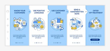 Customer support tips blue and white onboarding template. Be respectful. Responsive mobile website with linear concept icons. Web page walkthrough 5 step screens. Lato-Bold, Regular fonts used