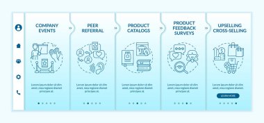 Customer touchpoints turquoise gradient onboarding template. Company, clients. Responsive mobile website with linear concept icons. Web page walkthrough 5 step screens. Lato-Bold, Regular fonts used